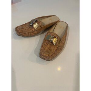 Stuart Weitzman Cork Mules W/ Gold & Tortoise Buckle Detail Womens Size 9M